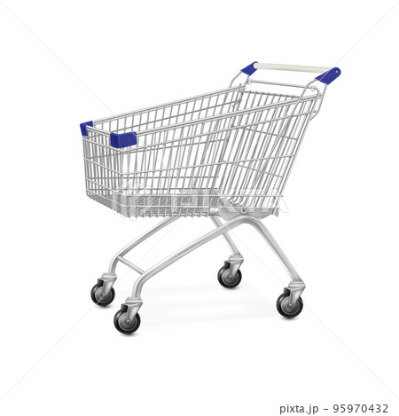 Metal supermarket cart. 3d isolated pushcart silver trolly, empty shop trolley perspective side, steel store wheel basket for shopping market, realistic tidy vector illustration 95970432