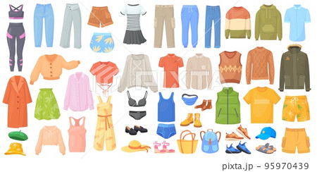 Cartoon seasonal garment. Fashionable clothes and accessories, female jeans pants fashion outfit business casual clothing season wardrobe dress hat jacket, neat vector illustration 95970439