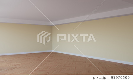 Corner of the Beige Room with a White Ceiling and Cornice, Glossy Herringbone Parquet Floor, and a White Plinth. Unfurnished Interior Concept. 3D illustration, Ultra HD 8K, 7680x4320, 300 dpi 95970509