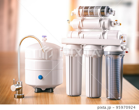 Reverse osmosis water purification system on a table. Water cleaning system. 95970924