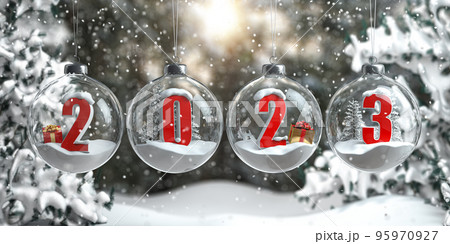 2023 Happy New Year. Numbers 2022 with cristmas trees, gifts and snow flakes in glass baubles or balls, New Years Eve  decoration. 95970927