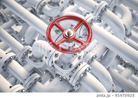 Oil or gas pipe line valve. Oil and gas control, extraction, production and transportation industrial background. 95970928