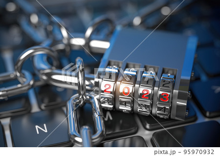 New Year 2023 code lock. on computer keyboard.. Cyber security and internet data protection  trends 2023 concept. 95970932