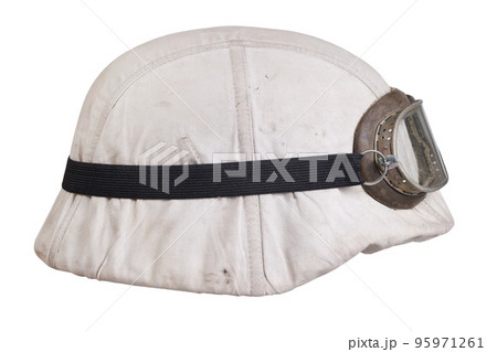 German nazi army helmet with protective goggles and white camouflage cover, type winter, helmet M35, M40, M42. 95971261
