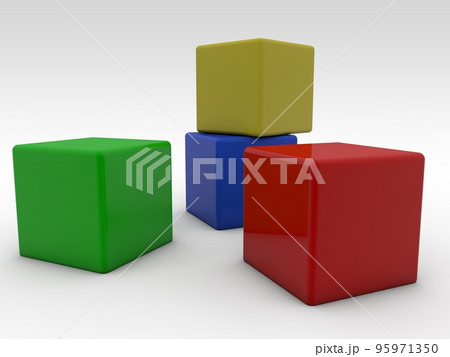 Four toy blocks on white background in different colors Four toy blocks on white background in different colors 95971350