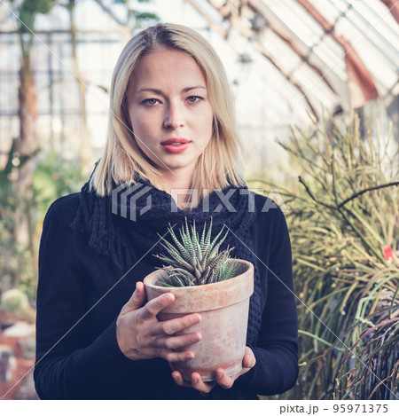 Portrait of florists woman working with flowers in a greenhouse holding a pot plant in her hand. Proud, successful small business owner Portrait of florists woman working with flowers in a greenhouse holding a pot plant in her hand. Proud, successful small business owner 95971375