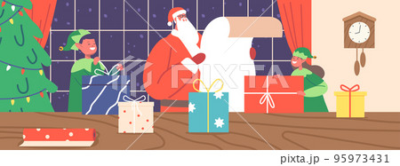 Santa Claus Reading Gift List With Elves In Office Room Interior, Prepare Presents to Kids for Christmas And New Year Santa Claus Reading Gift List With Elves In Office Room Interior, Prepare Presents to Kids for Christmas And New Year 95973431