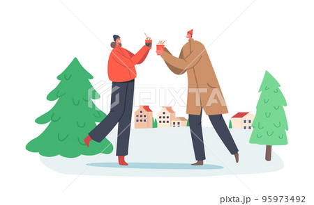 Young Couple Christmas Fun, Male and Female Characters in Warm Clothes Enjoying Winter Drinks. People Drinking Beverages Young Couple Christmas Fun, Male and Female Characters in Warm Clothes Enjoying Winter Drinks. People Drinking Beverages 95973492