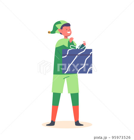 Cute Playful Christmas Elf Boy, Santa Claus Helper In Green Costume And Stockings With Gift Box In Hands Illustration 95973526