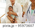 Newborn baby boy visiting the doctor for checkup health 95973607