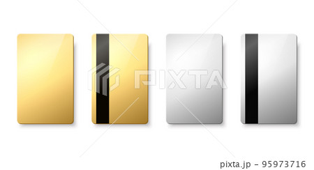 Vector Golden, Silver Gift Card, Certificate, Guest Room, Plastic Hotel Apartment Keycard, ID Card, Sale, Credit Card Design Template for Mockup, Branding. Top View - Front, Back Side, Magnetic Strip 95973716