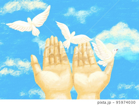 パステル風で、青い空へ3羽の白い鳩が手のひらから羽ばたいていく 95974030