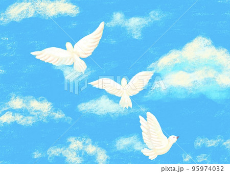 パステル風で、青い空を3羽の白い鳩が自由に羽ばたくのイラスト素材