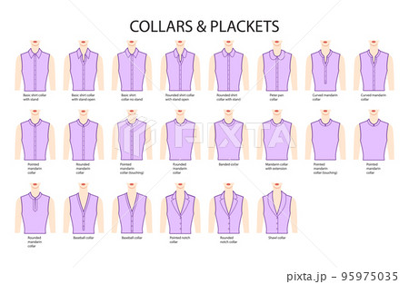 Set of necklines of collars and plackets, stand, mandarin, baseball necks clothes tops, shirts blouses technical fashion Set of necklines of collars and plackets, stand, mandarin, baseball necks clothes tops, shirts blouses technical fashion 95975035