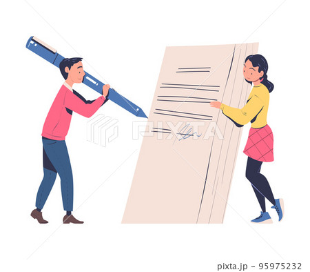 Man and Woman Character with Huge Paper Document Making Contract and Deal Agreement Vector Illustration 95975232