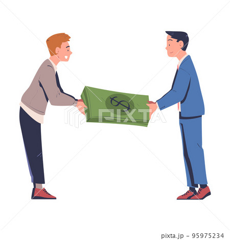 Man Character Giving Huge Stack of Dollar Banknote Making Deal Vector Illustration 95975234