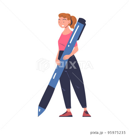 Woman Character with Huge Pen Making Contract and Deal Agreement Vector Illustration 95975235
