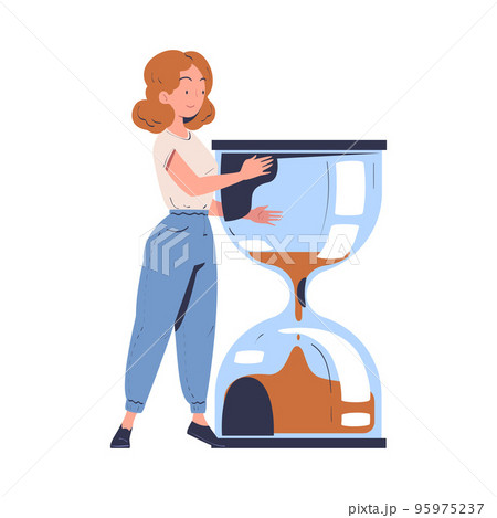 Woman Character with Huge Hourglass Organizing Time for Making Contract Vector Illustration 95975237
