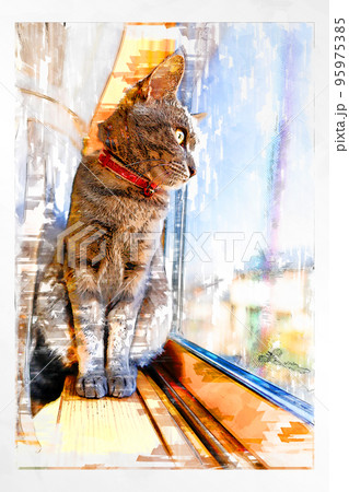 スケッチ風 猫 ネコ ねこ キジトラ グレー 雌 メス 雌ねこ 雌ネコ 元気 かわいい 癒し スケッチ風 猫 ネコ ねこ キジトラ グレー 雌 メス 雌ねこ 雌ネコ 元気 かわいい 癒し 95975385
