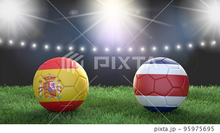 Two soccer balls in flags colors on stadium blurred background. Spain vs Costa Rica. 3d image Two soccer balls in flags colors on stadium blurred background. Spain vs Costa Rica. 3d image 95975695