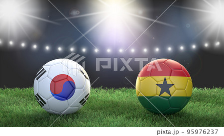 Two soccer balls in flags colors on stadium blurred background. South Korea vs Ghana. 3d image Two soccer balls in flags colors on stadium blurred background. South Korea vs Ghana. 3d image 95976237