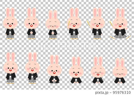 着物を着たウサギのポーズセット 95976310