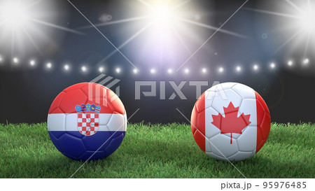 Two soccer balls in flags colors on stadium blurred background. Croatia vs Canada. 3d image 95976485