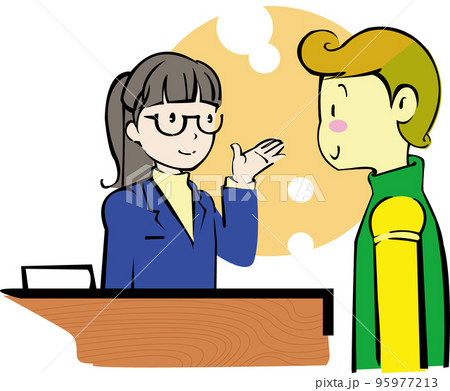 質問する男性と案内する受付の女性のベクターイラストのイラスト素材