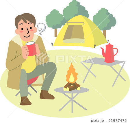 アウトドアで焚火の前に座る若い男性 アウトドアで焚火の前に座る若い男性 95977476