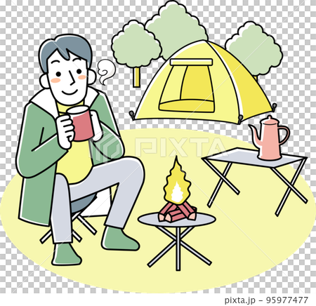 坐在戶外篝火前的年輕人 坐在戶外篝火前的年輕人 95977477