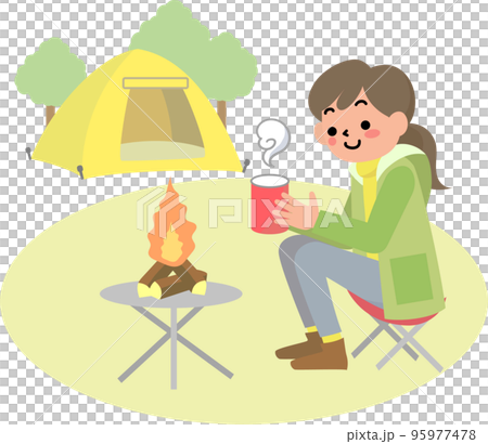 坐在戶外篝火前的年輕女子 坐在戶外篝火前的年輕女子 95977478