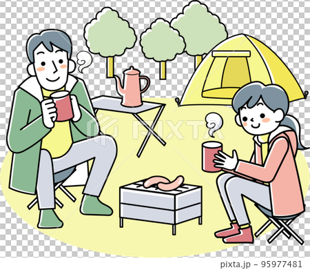 Young woman and man sitting outdoors and having a drink Young woman and man sitting outdoors and having a drink 95977481