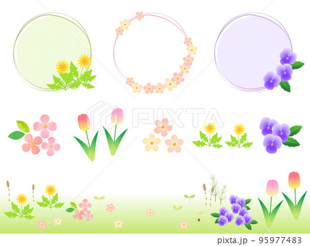 春の花がいっぱいの可愛いフレーム 背景 素材イラストセットのイラスト素材