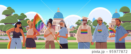 mix race people holding lgbt rainbow flags gay lesbian love parade pride festival transgender love generation Z concept mix race people holding lgbt rainbow flags gay lesbian love parade pride festival transgender love generation Z concept 95977872