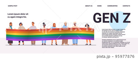 mix race people holding lgbt rainbow flags gay lesbian love parade pride festival transgender love generation Z concept 95977876