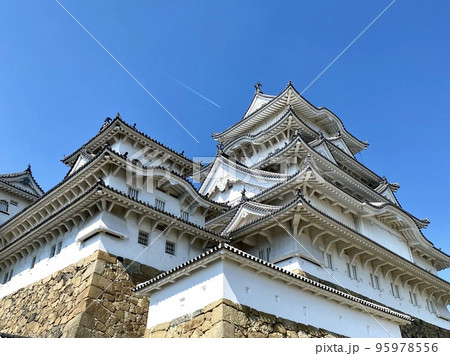 姫路城天守閣の上空に飛行機雲を残しながら飛ぶ飛行機がいる風景　兵庫県姫路市 95978556