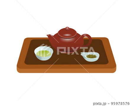 かわいい中華風お茶セット（急須・湯呑み・茶葉・茶荷・トレー）のイラスト 95978576