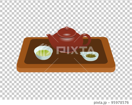 かわいい中華風お茶セット（急須・湯呑み・茶葉・茶荷・トレー）のイラスト 95978576