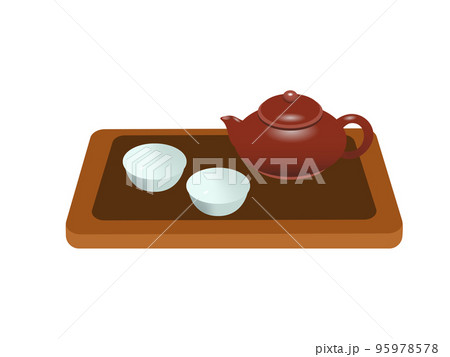 中間風でかわいい茶器セット（急須・湯呑み・トレー）のイラスト素材 95978578