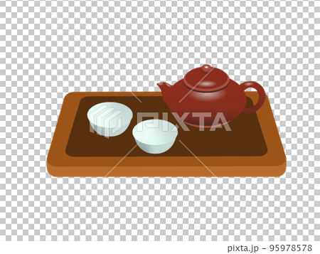 中間風でかわいい茶器セット（急須・湯呑み・トレー）のイラスト素材 95978578