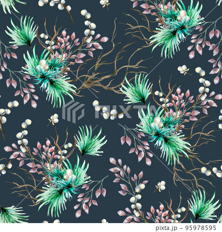 Christmas seamless pattern of winter plants, branch, needles watercolor isolated on dark. Christmas seamless pattern of winter plants, branch, needles watercolor isolated on dark. 95978595