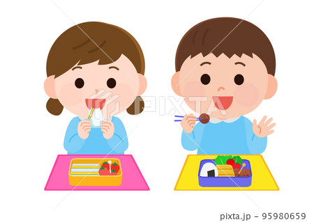 お弁当を食べる保育園児  幼稚園児　男女　イラスト 95980659