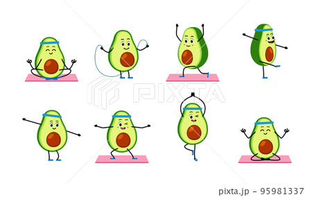 Cute strong Avocado character meditate in yoga pose. Set Vector illustration concept healthy Cute strong Avocado character meditate in yoga pose. Set Vector illustration concept healthy 95981337
