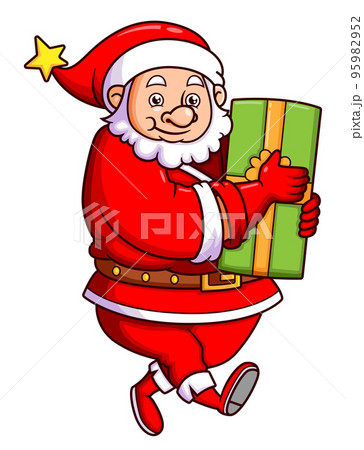 The cute santa claus is holding the big box of gift for the children in the christmas party   95982952