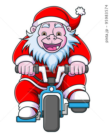The happy yeti dwarf with the santa claus costume is playing and cycling the bicycle  95983574