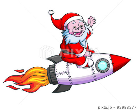 The yeti with the santa claus costume is playing and sitting on the fast rocket 95983577