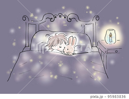 うさぎの人形を抱きしめて眠る子 夜のイラスト素材 9596