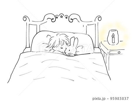 うさぎの人形を抱きしめて眠る子 シンプルのイラスト素材 9597