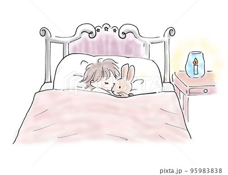 うさぎの人形を抱きしめて眠る子のイラスト素材 9598