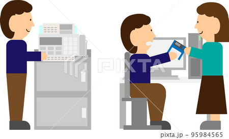 FAXとフロッピーディスクを使って業務を行っている人のイラスト 95984565
